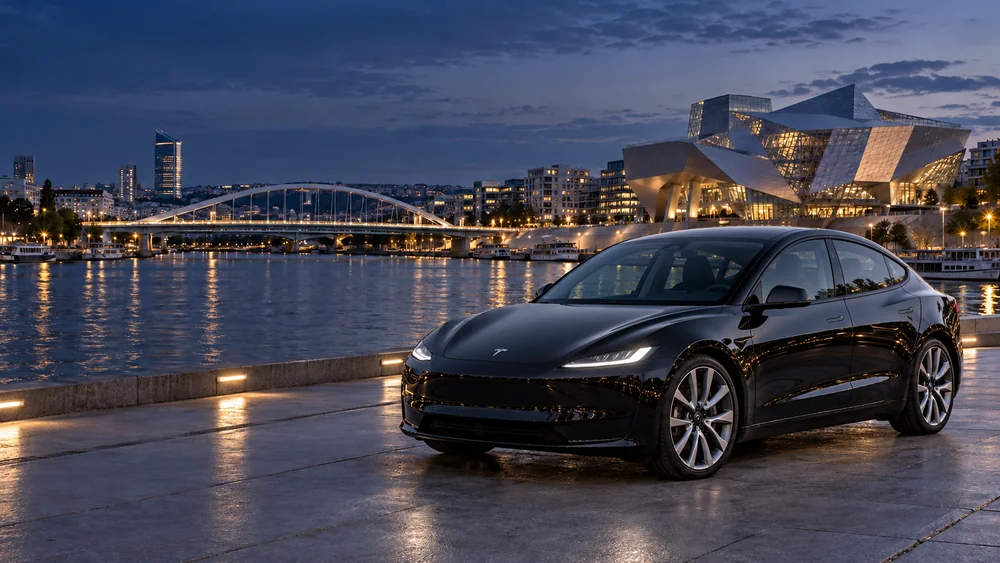 Tesla Model 3 noire devant Lyon Confluence, le pont Raymond-Barre et le musée des Confluences — illustration